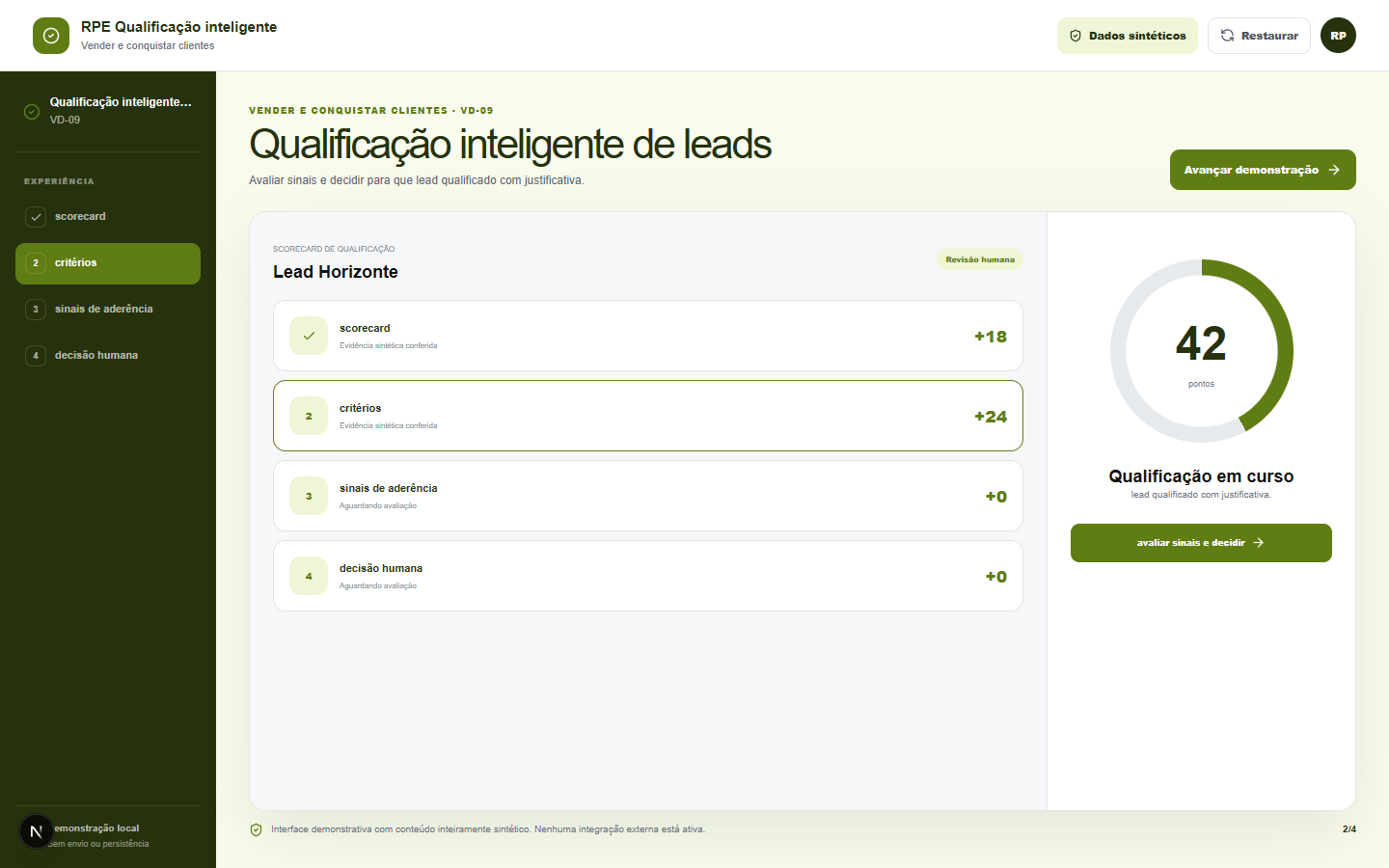 Interface demonstrativa de lead em qualificação, com pistas visuais específicas do trabalho.