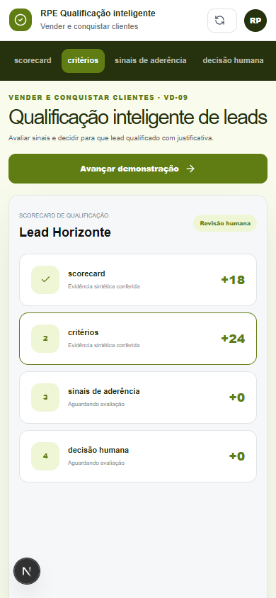 Interface demonstrativa de lead em qualificação, com pistas visuais específicas do trabalho. Versão móvel.