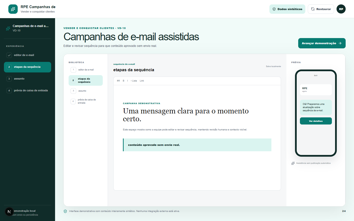 Interface demonstrativa de sequência de e-mail, com pistas visuais específicas do trabalho.