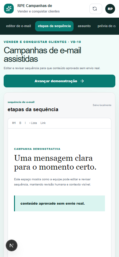 Interface demonstrativa de sequência de e-mail, com pistas visuais específicas do trabalho. Versão móvel.