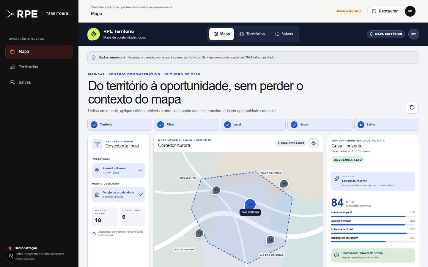 Interface demonstrativa de oportunidade no território, com pistas visuais específicas do trabalho.