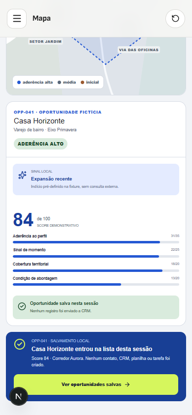Interface demonstrativa de oportunidade no território, com pistas visuais específicas do trabalho. Versão móvel.