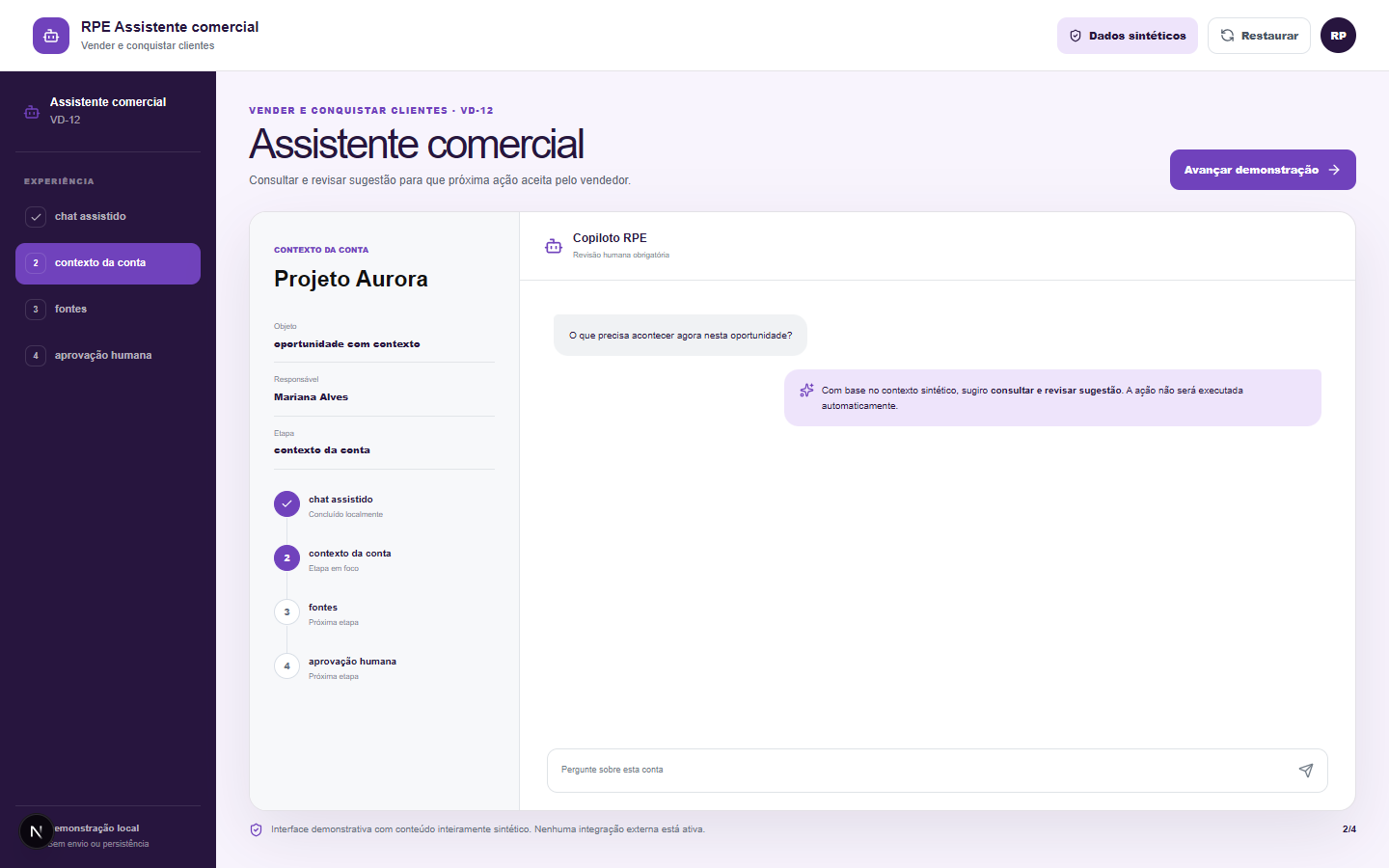 Interface demonstrativa de oportunidade com contexto, com pistas visuais específicas do trabalho.