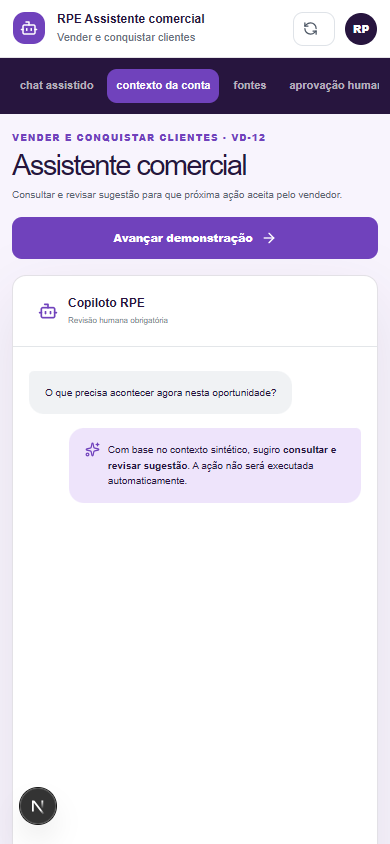 Interface demonstrativa de oportunidade com contexto, com pistas visuais específicas do trabalho. Versão móvel.