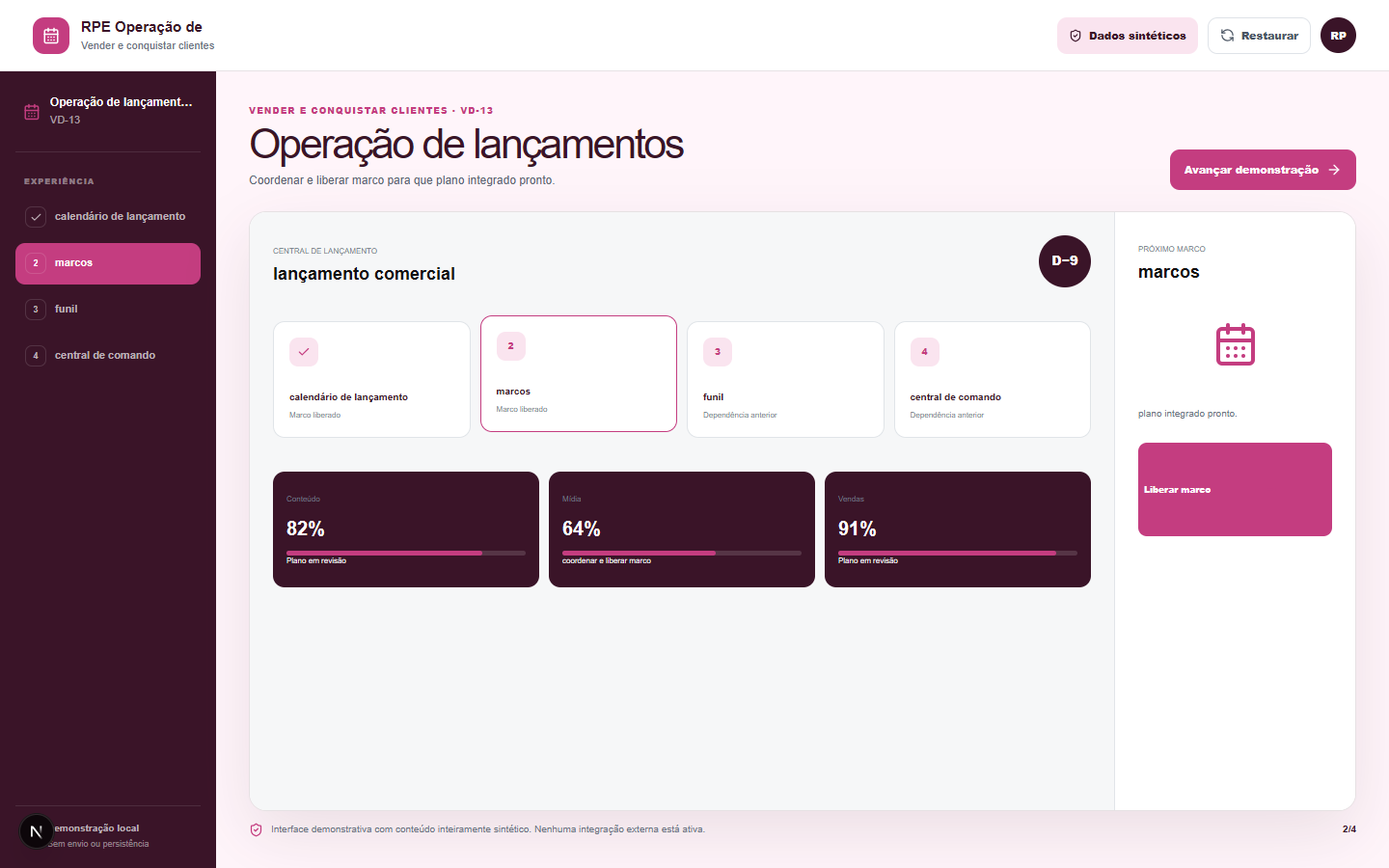 Interface demonstrativa de lançamento comercial, com pistas visuais específicas do trabalho.