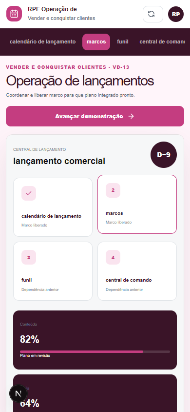 Interface demonstrativa de lançamento comercial, com pistas visuais específicas do trabalho. Versão móvel.